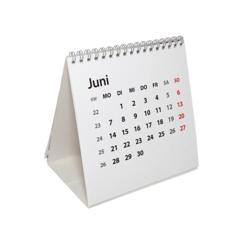 Calendario da tavolo con rilegatura a spirale e base triangolare pieghevole.