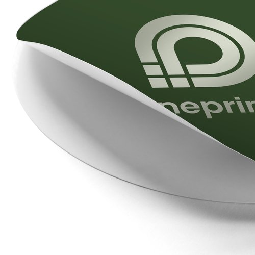 Adesivo promozionale rotondo con supporto rimovibile.