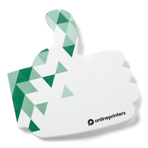 Blocco note adesivo bianco a forma di pollice per scrivere appunti.