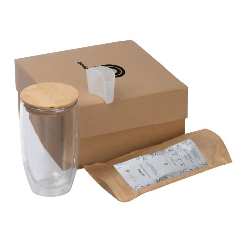 Set regalo tè multicolore con vetro, coperchio in bambù e accessori.