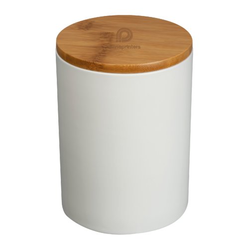 Barattolo bianco con coperchio in bambù.