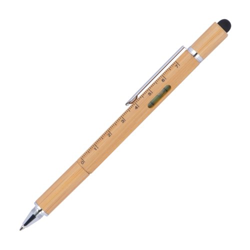Penna multifunzione color legno con clip, funzione touch, righello e livella.