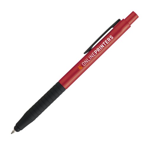 Penna a sfera rossa in metallo con touch pen e clip.