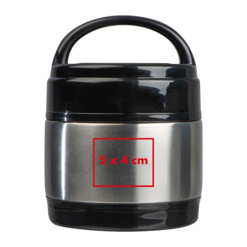 Contenitore per alimenti in acciaio inox nero e argento con manico.
