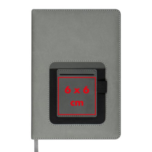 Quaderno grigio con tasca e elastico.