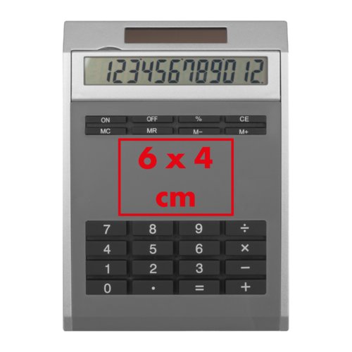 Calcolatrice grigia con tastierino numerico e display.