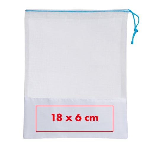 Set da 3 sacchetti a rete bianchi con coulisse.