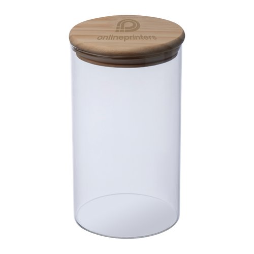 Contenitore trasparente in vetro con coperchio in legno.