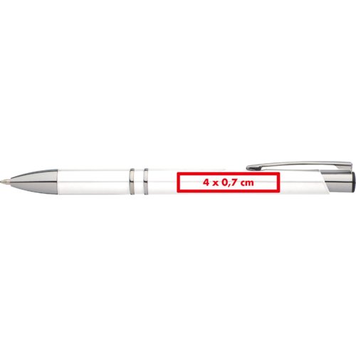 Penna a sfera in metallo bianco con clip e pulsante.