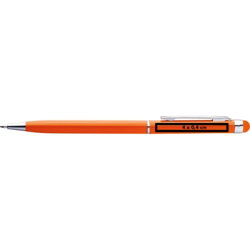 Penna a sfera arancione con touch pen e clip.