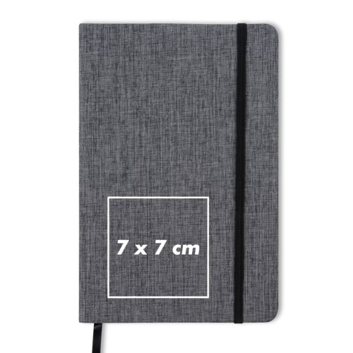 Quaderno grigio con chiusura a elastico e segnalibro a nastro.