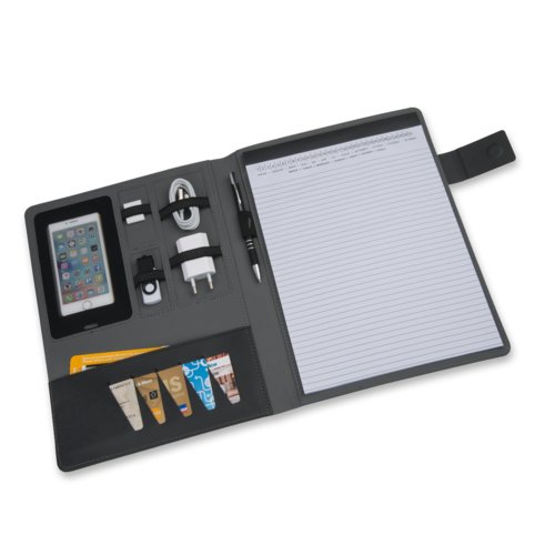 Cartella da scrittura grigia con portapenne, scomparti per carte e scomparto per tablet.