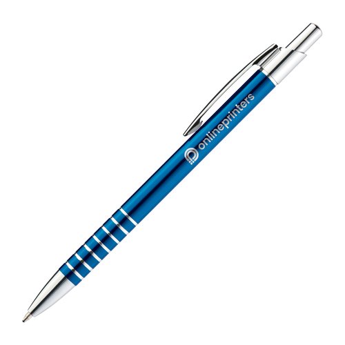Penna a sfera in metallo blu con clip e meccanismo a pressione.