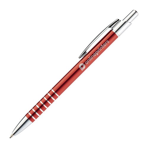 Penna a sfera in metallo rosso con clip e meccanismo a pressione.