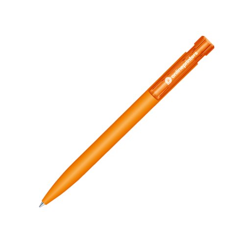 Penne a sfera arancione in plastica con meccanismo a scatto e finitura soft-touch.