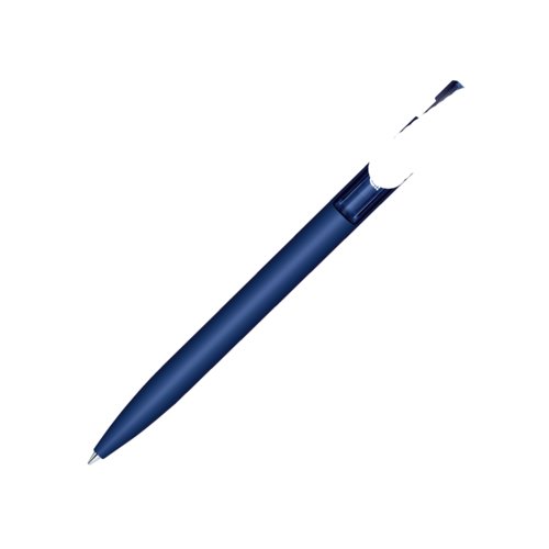 Penna a sfera blu scuro con meccanismo a scatto ed elementi in metallo.