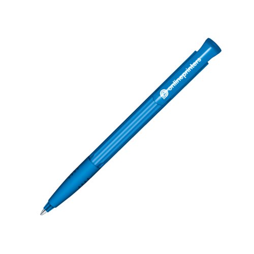 Penne a sfera blu in plastica con pulsante e impugnatura morbida.