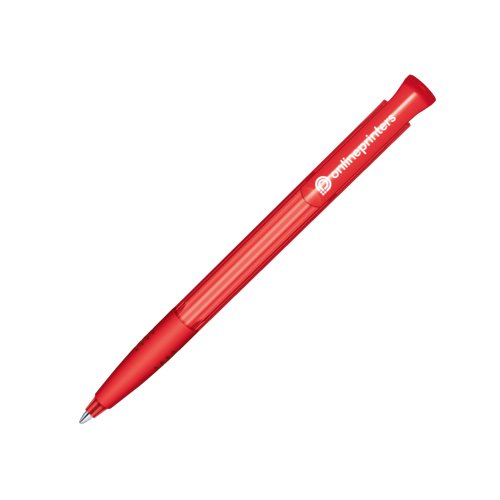 Penna a sfera rossa in plastica con meccanismo a pressione e impugnatura morbida.