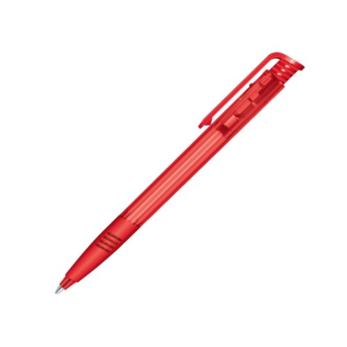 Penna a sfera rossa in plastica con clip e meccanismo a pulsante.