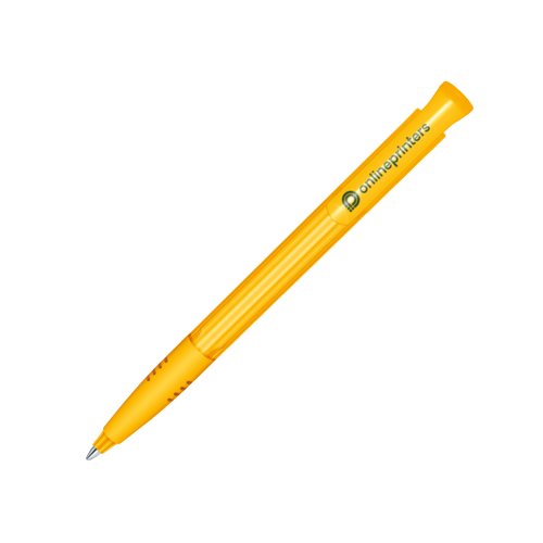 Penne a sfera giallo in plastica con pulsante e impugnatura morbida.