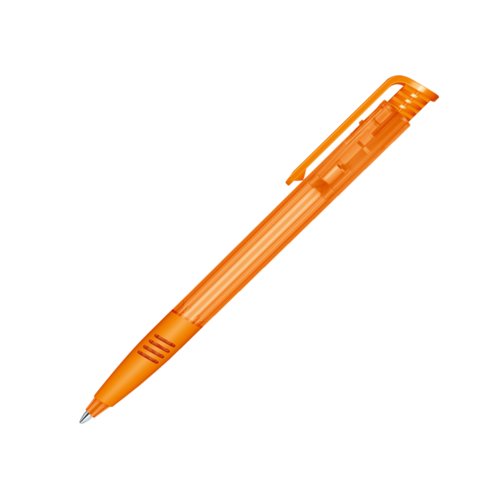Penne a sfera arancione in plastica con meccanismo a scatto e clip.