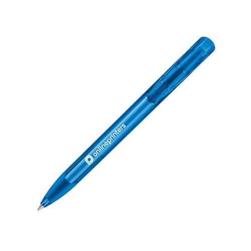 Penna a sfera blu in plastica con impugnatura morbida e meccanismo a scatto.