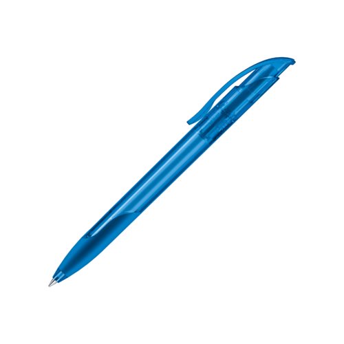 Penna a sfera blu in plastica con impugnatura morbida e clip.