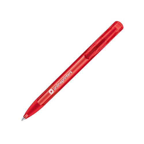 Penna a sfera rossa in plastica con pulsante e impugnatura morbida.