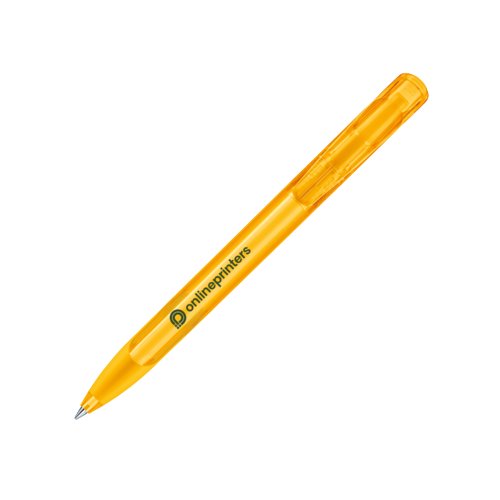 Penne a sfera in plastica gialla con pulsante e impugnatura morbida.
