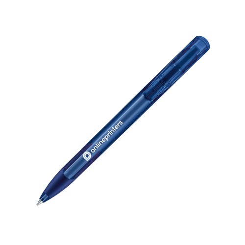 Penna a sfera in plastica blu scuro con meccanismo a scatto e impugnatura morbida.