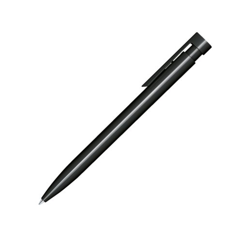 Penna a sfera nera in plastica con finitura lucida e clip.