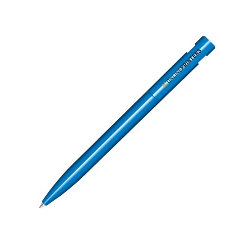 Penna a sfera in plastica blu con finitura lucida e meccanismo a scatto.