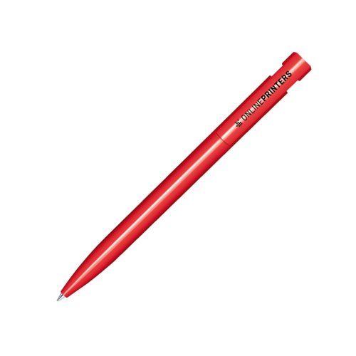 Penna a sfera rossa in plastica con finitura lucida e meccanismo a scatto.