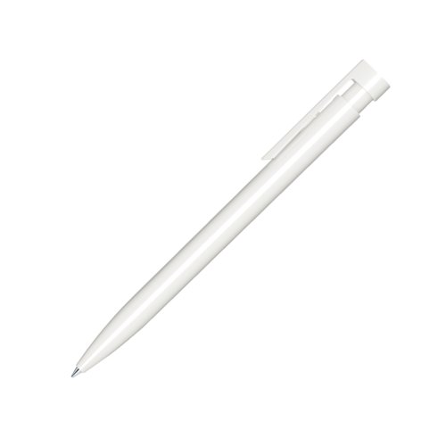 Penne a sfera in plastica bianca con finitura lucida e clip.