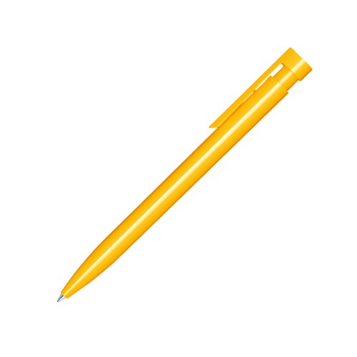 Penna a sfera in plastica gialla con finitura lucida e clip.