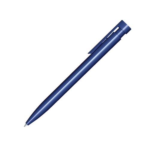 Penne a sfera in plastica blu scuro con finitura lucida e clip.