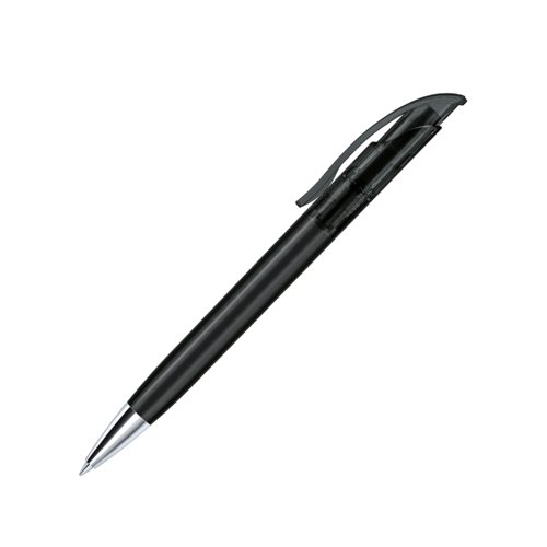 Penna a sfera in plastica nera con elementi in metallo e clip.