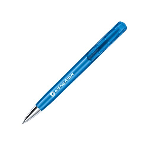 Penna a sfera in plastica blu con elementi in metallo e meccanismo a scatto.