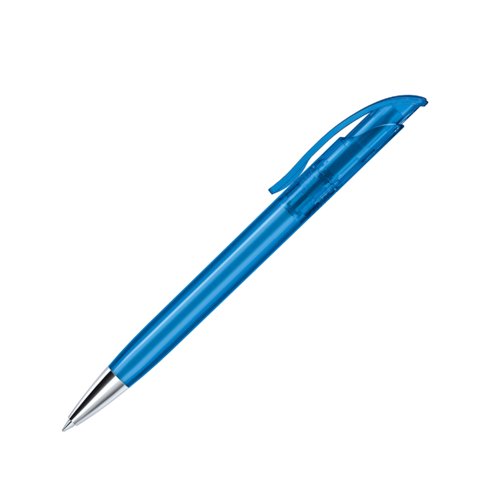 Penna a sfera in plastica blu con elementi in metallo e clip.