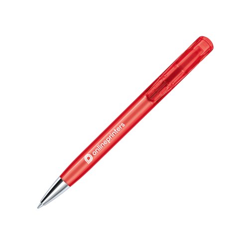 Penne a sfera rosse in plastica con punta in metallo e meccanismo a pressione.