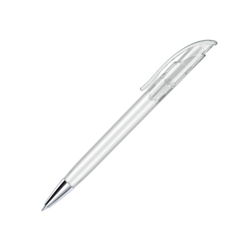 Penna a sfera bianca in plastica con punta in metallo e clip.