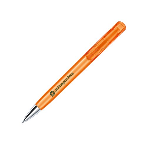 Penne a sfera arancione in plastica con elementi in metallo e meccanismo a scatto.