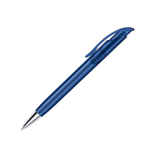 Penna a sfera in plastica blu scuro con elementi in metallo e clip.
