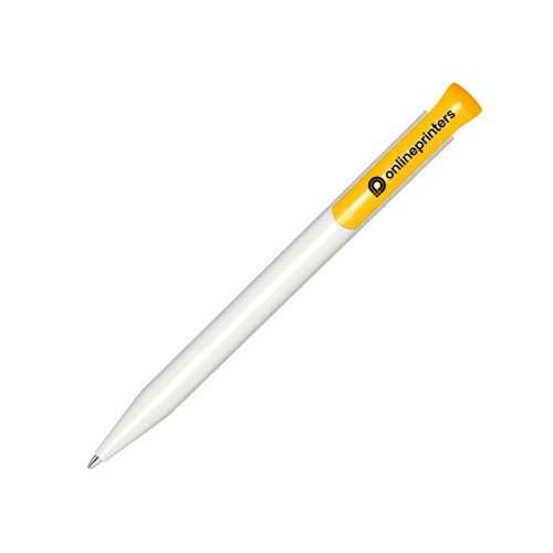 Penna a sfera in plastica bianca/gialla con meccanismo a scatto.