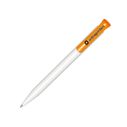 Penna a sfera in plastica bianco/arancione con meccanismo a scatto.