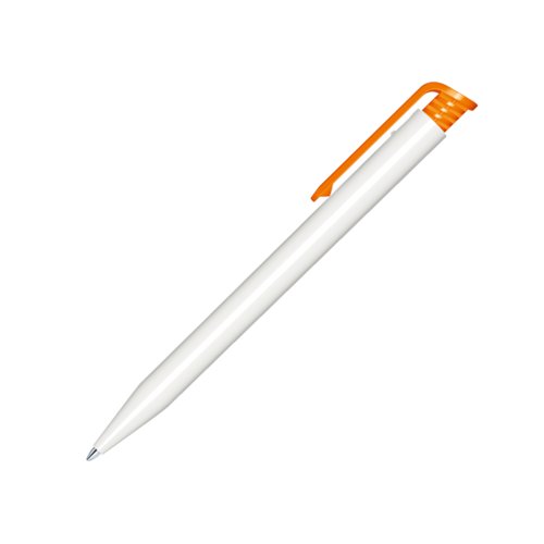 Penna a sfera in plastica bianca con clip arancione e meccanismo a scatto.