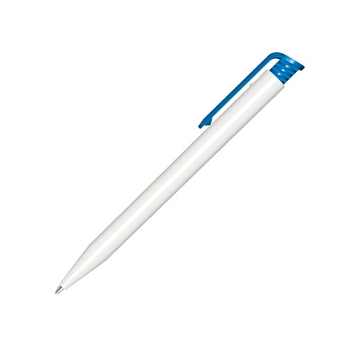 Penna a sfera in plastica bianca con dettagli blu e meccanismo a scatto.