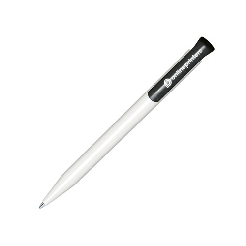 Penna a sfera bianca in plastica con finitura lucida e pulsante.