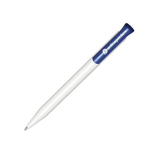 Penne a sfera in plastica bianca con dettaglio blu navy e meccanismo a scatto.
