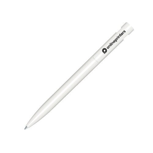 Penna a sfera in plastica bianca con finitura lucida e meccanismo a scatto.